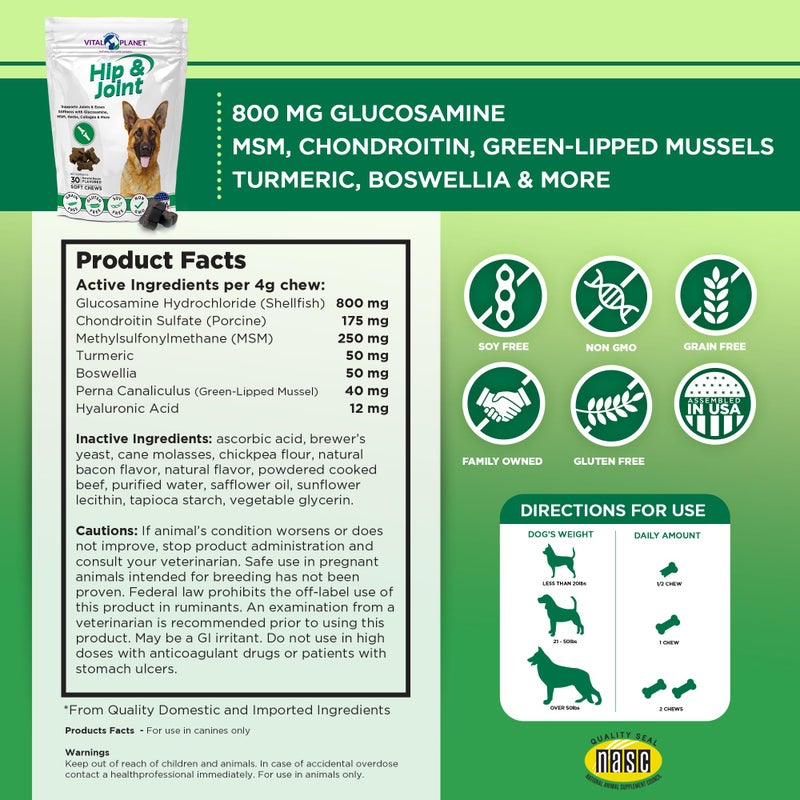 Vital Planet - Hip and Joint Soft Chews for Dogs, with Glucosamine, MSM, and Collagen from Green-Lipped Mussel - 30 Bacon Flavored Soft Chews - Image 2